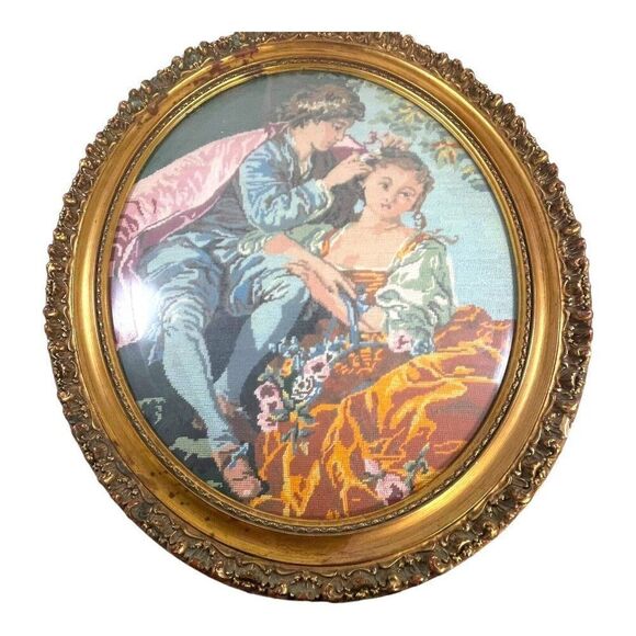 Large Courting Couple Gold Gilt Frame Needlepoint Oval Wall Hanging 24X28 VTG - Picture 2 of 8